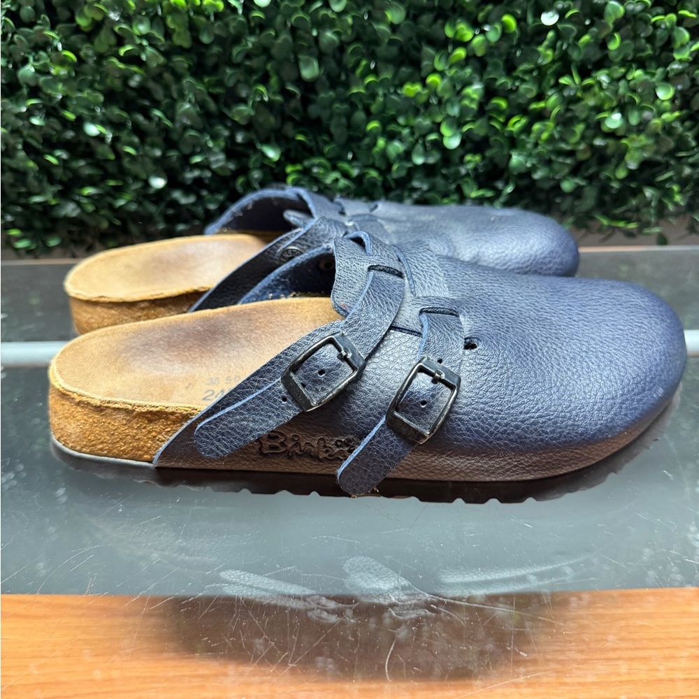 Women's Birki’s Navy Leather Clog Mules with Buckle Straps - Picture 4 of 8